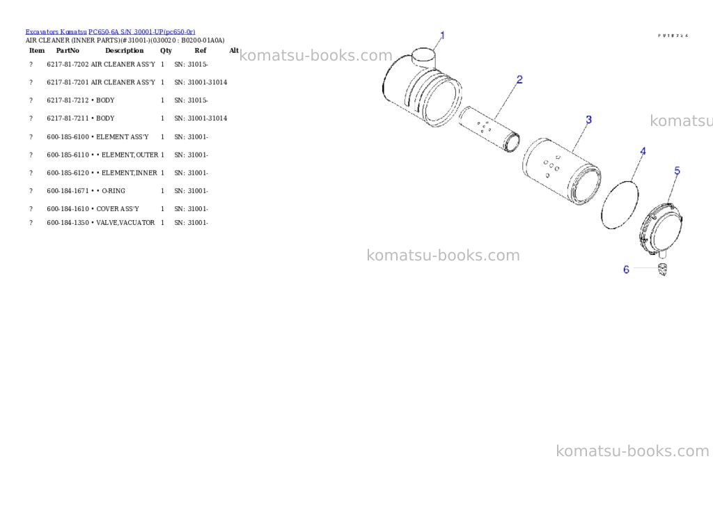 Komatsu pc650-6a s/n 30001-up Parts catalog cover Komatsu pc650-6a s/n 30001-up Parts catalog cover