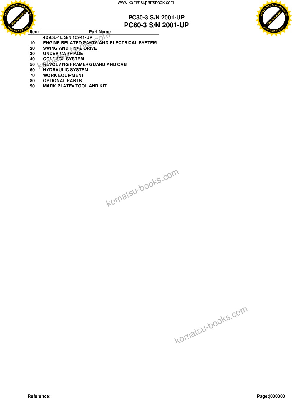 Komatsu PC80-3 S/N 2001-UP Parts catalog cover