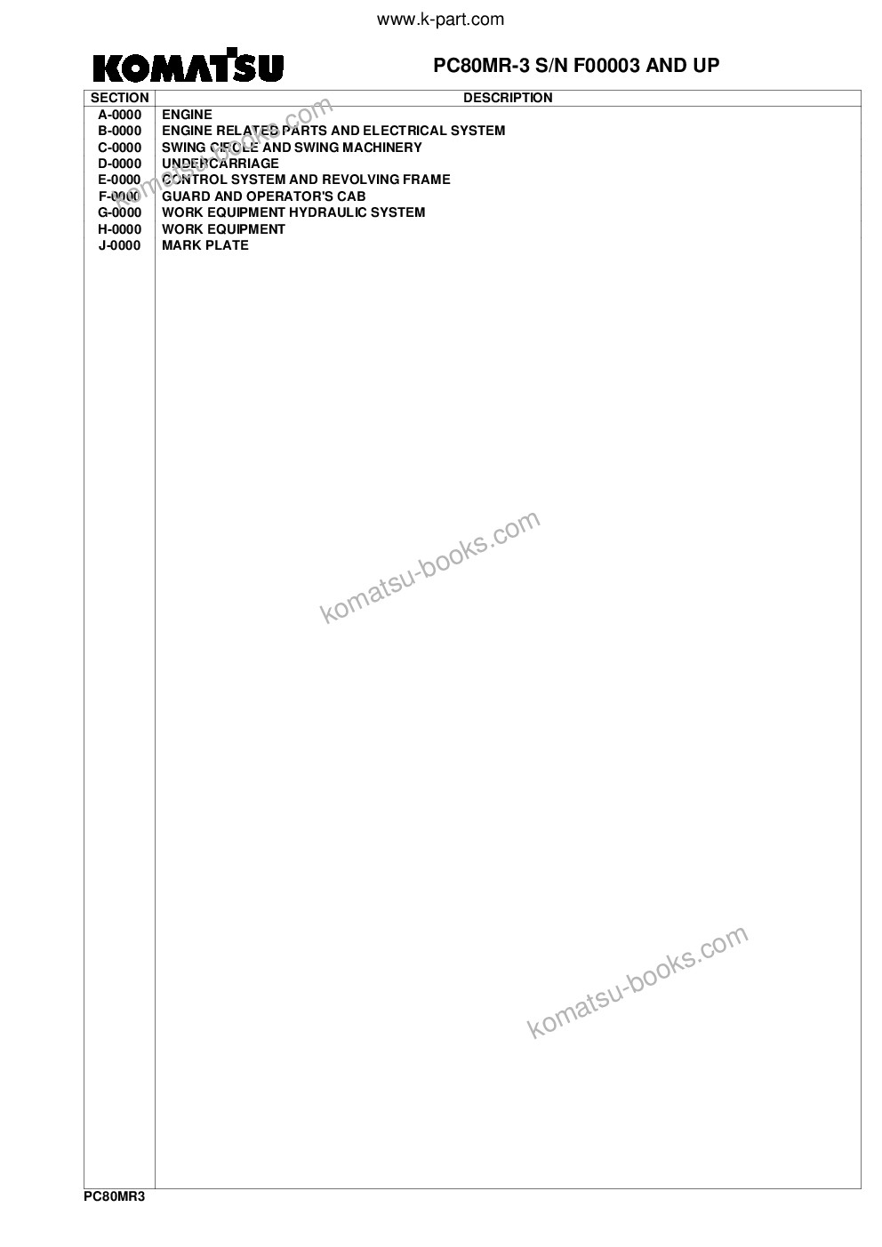 Komatsu pc80mr-3 s/n f00003 and up Parts catalog cover
