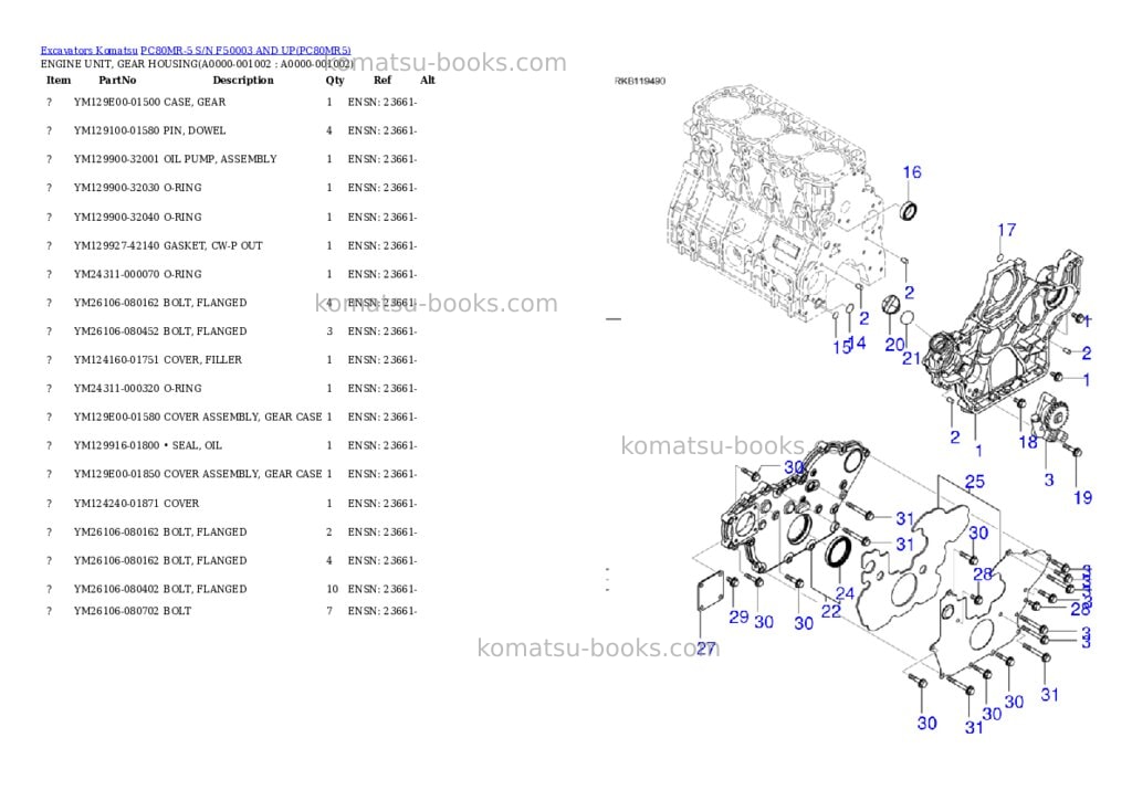 Komatsu pc80mr-5 s/n f50003 and up Parts catalog cover