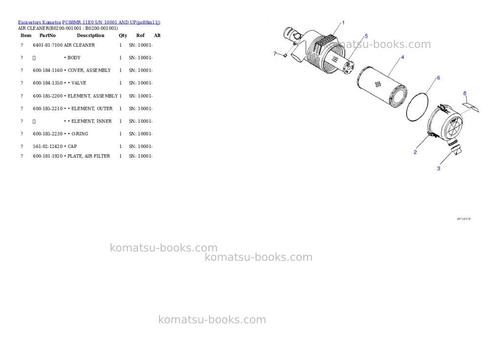Komatsu PC88MR-11E0 S/N 10001 AND UP Parts catalog cover Page 2 Komatsu PC88MR-11E0 S/N 10001 AND UP Parts catalog cover Page 2