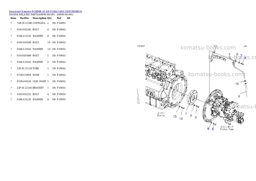 Komatsu pc88mr-10 s/n f10003 and up Parts catalog cover Komatsu pc88mr-10 s/n f10003 and up Parts catalog cover