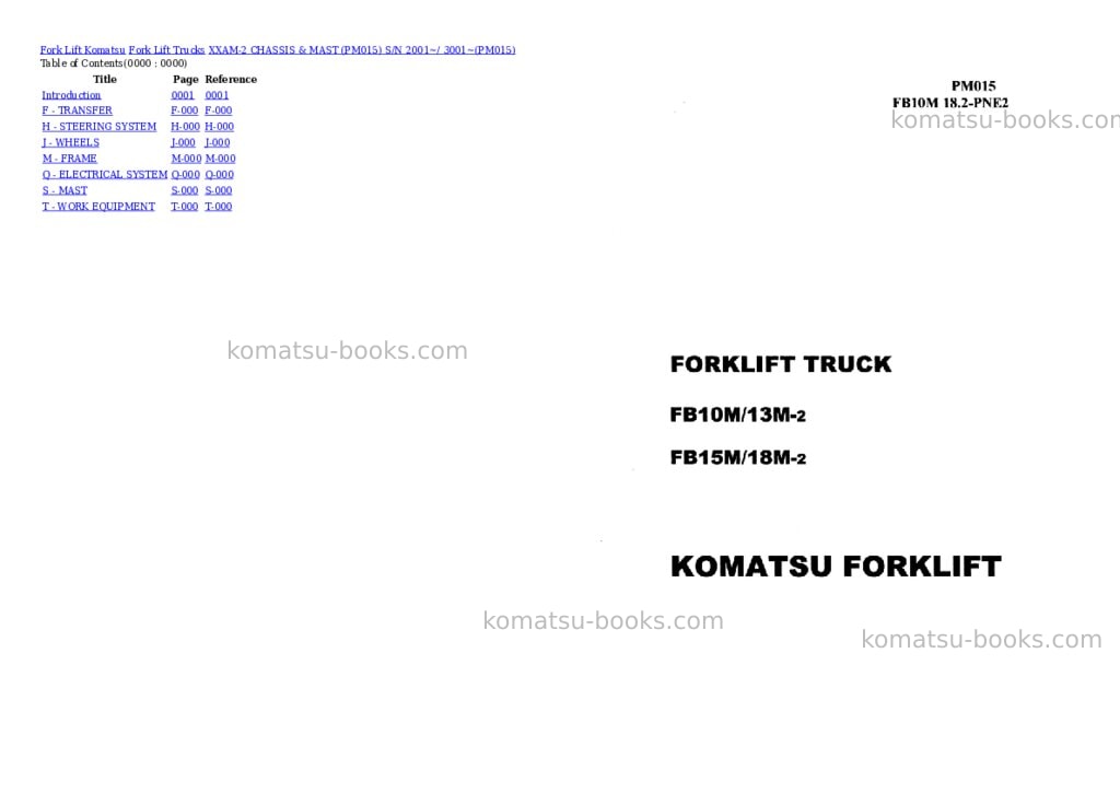 Komatsu XXAM-2 CHASSIS & MAST (PM015) S/N 2001~/ 3001~ Parts catalog cover
