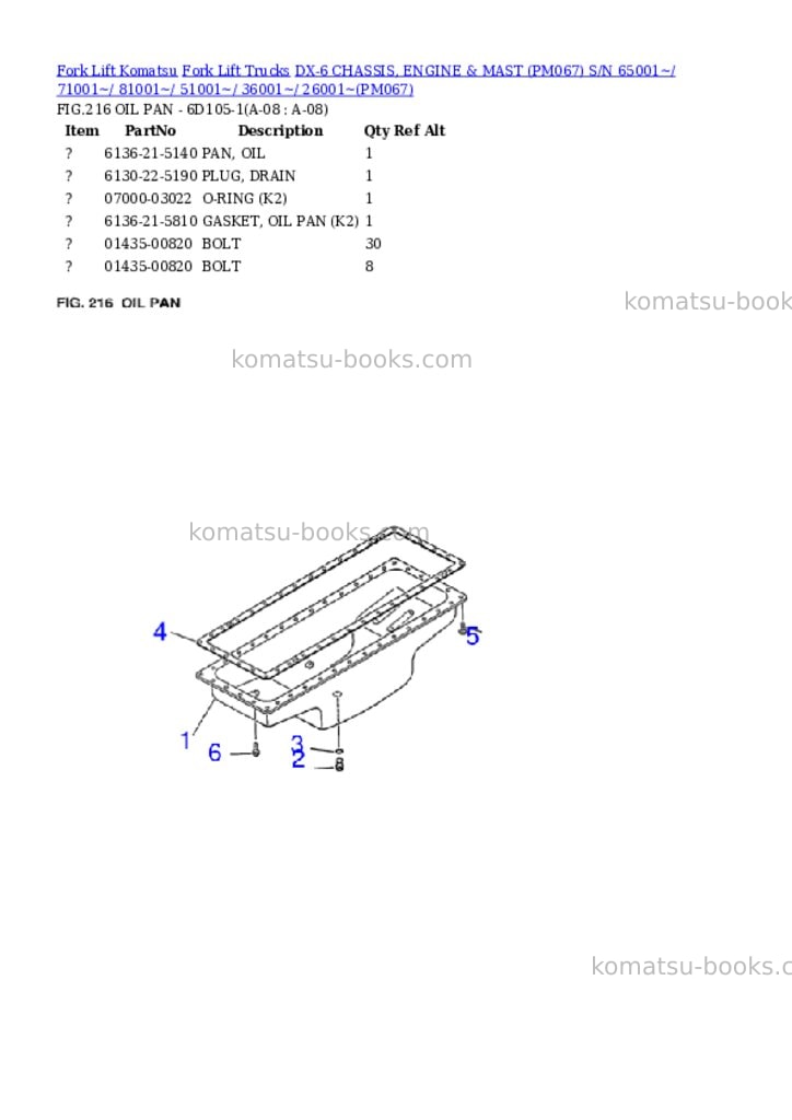 Komatsu DX-6 CHASSIS, ENGINE & MAST (PM067) S/N 65001~/ 71001~/ 81001~/ 51001~/ 36001~/ 26001~ Parts catalog cover Page 8