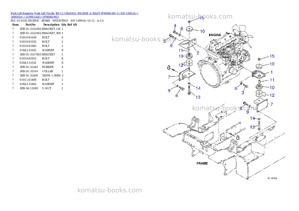 Komatsu BX-12 CHASSIS, ENGINE & MAST (PM086-MC-1) S/N 10001A~/ 500001A~/ 550001A(E)~ Parts catalog cover Page 6