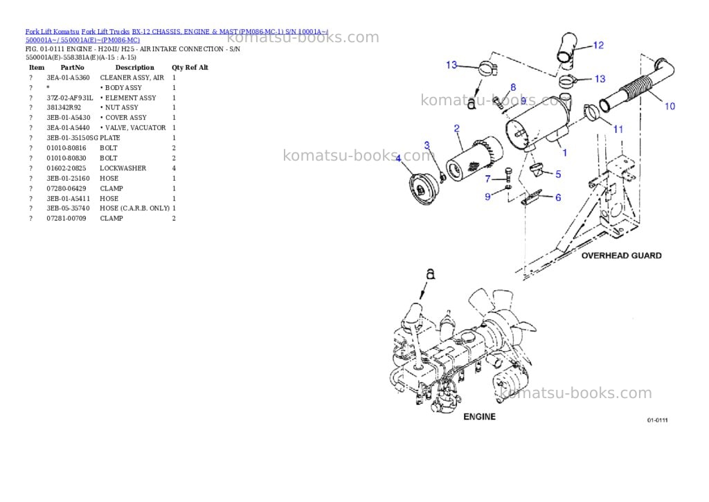 Komatsu BX-12 CHASSIS, ENGINE & MAST (PM086-MC-1) S/N 10001A~/ 500001A~/ 550001A(E)~ Parts catalog cover Page 8