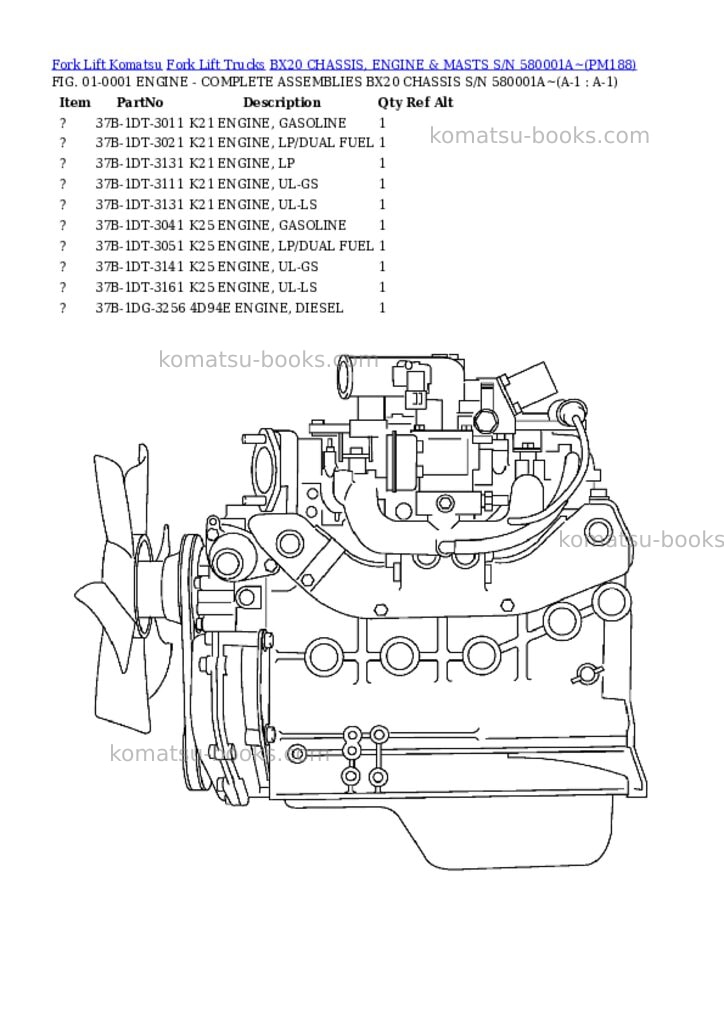Komatsu bx20 chassis, engine & masts s/n 580001a~ Parts catalog cover