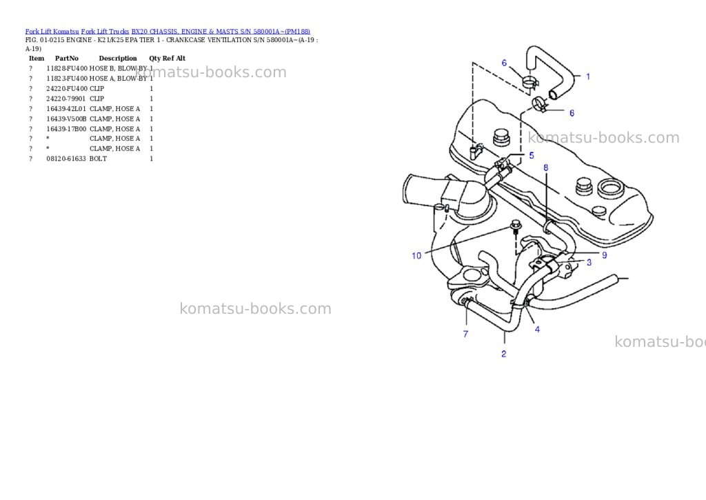 Komatsu bx20 chassis, engine & masts s/n 580001a~ Parts catalog cover Page 10