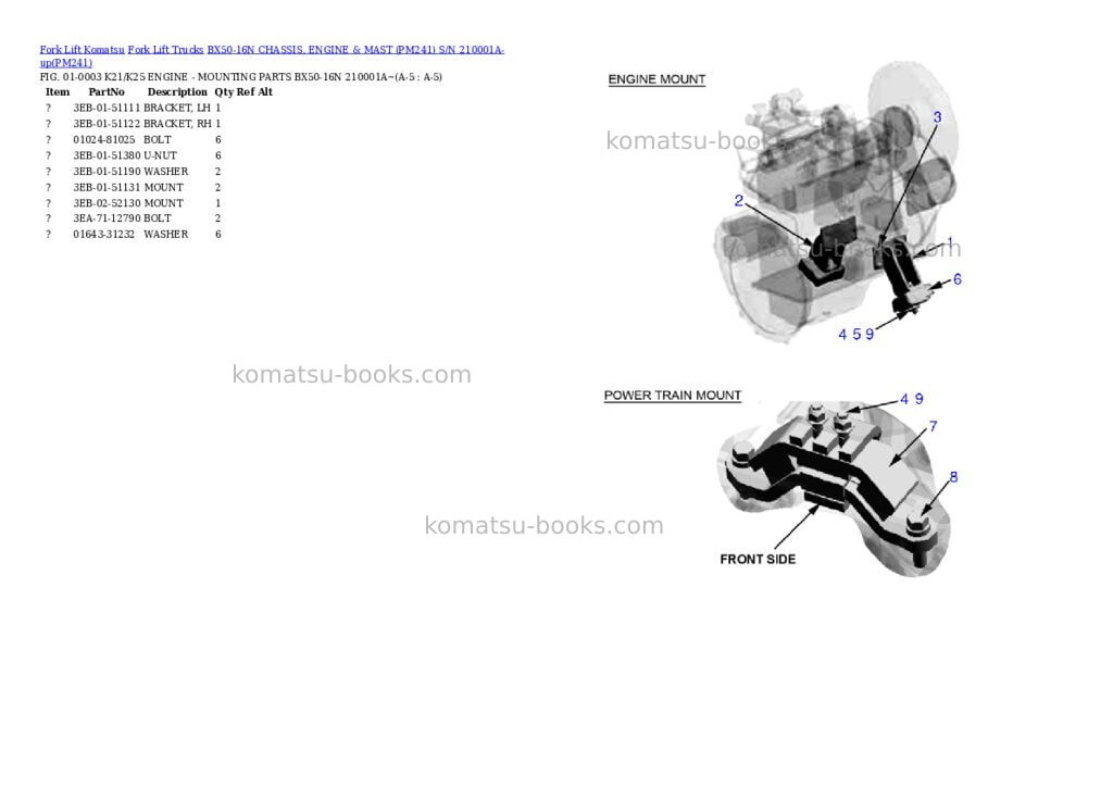 Komatsu BX50-16N CHASSIS, ENGINE & MAST (PM241) S/N 210001A-up Parts catalog cover