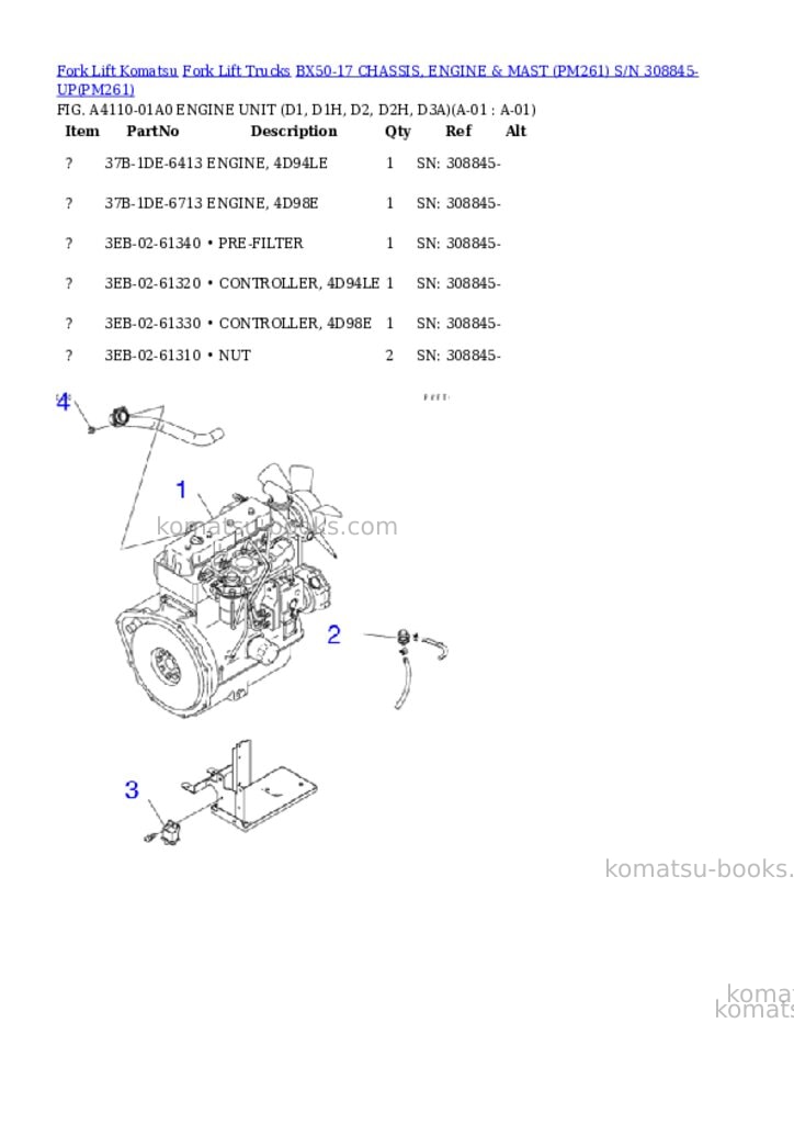 Komatsu BX50-17 CHASSIS, ENGINE & MAST (PM261) S/N 308845-UP Parts catalog cover Komatsu BX50-17 CHASSIS, ENGINE & MAST (PM261) S/N 308845-UP Parts catalog cover