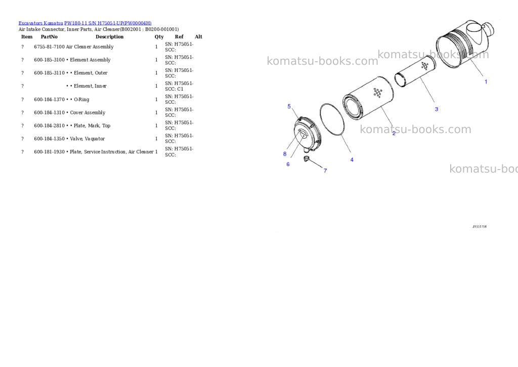 Komatsu pw180-11 s/n h75051-up Parts catalog cover
