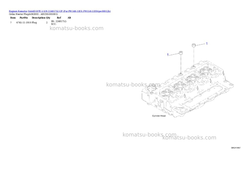 Komatsu SAA4D107E-5 S/N 22481752-UP (For PW148-11E0, PW158-11E0) Parts catalog cover Page 2 Komatsu SAA4D107E-5 S/N 22481752-UP (For PW148-11E0, PW158-11E0) Parts catalog cover Page 2