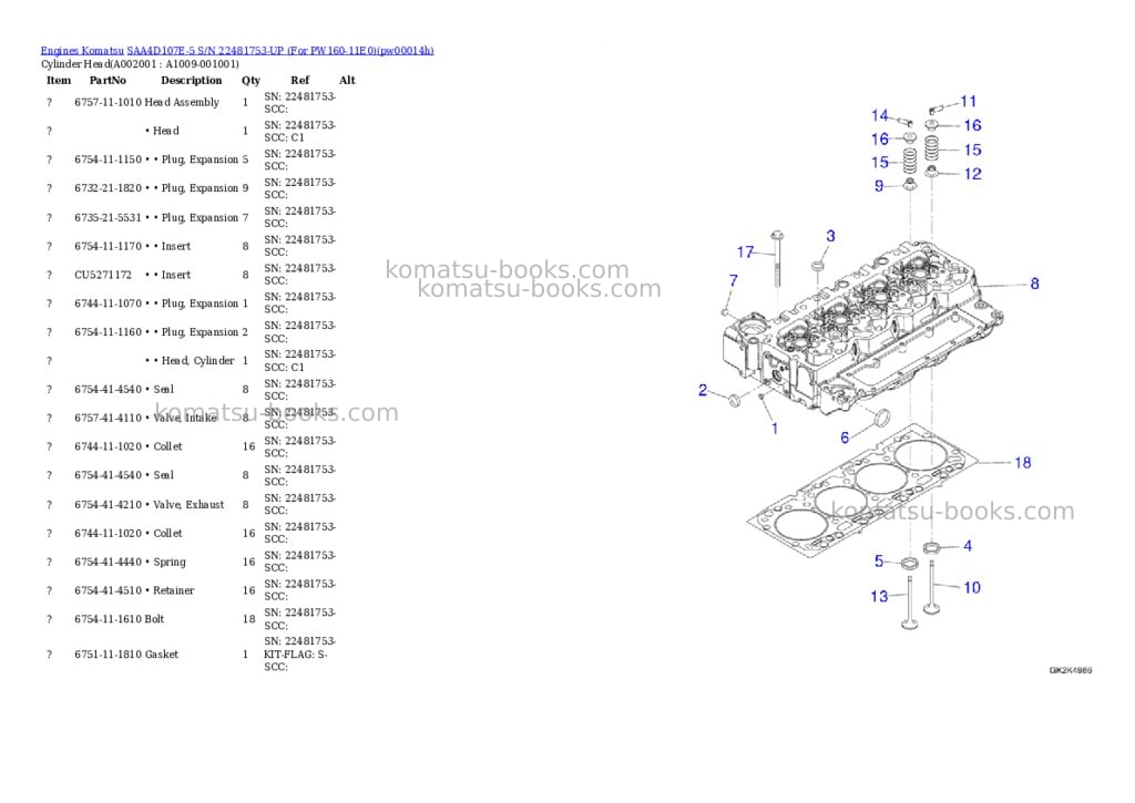 Komatsu SAA4D107E-5 S/N 22481753-UP (For PW160-11E0) Parts catalog cover