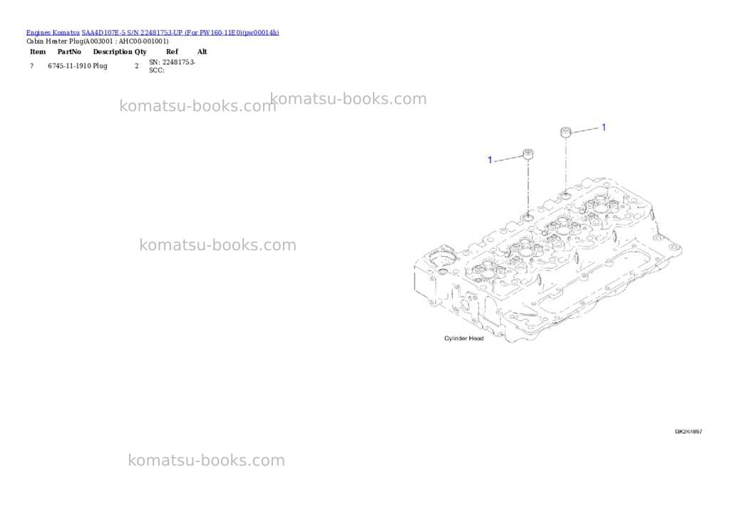 Komatsu SAA4D107E-5 S/N 22481753-UP (For PW160-11E0) Parts catalog cover Page 2