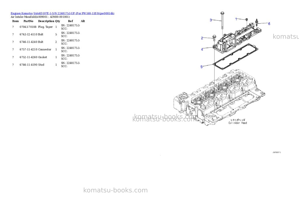 Komatsu SAA4D107E-5 S/N 22481753-UP (For PW160-11E0) Parts catalog cover Page 8