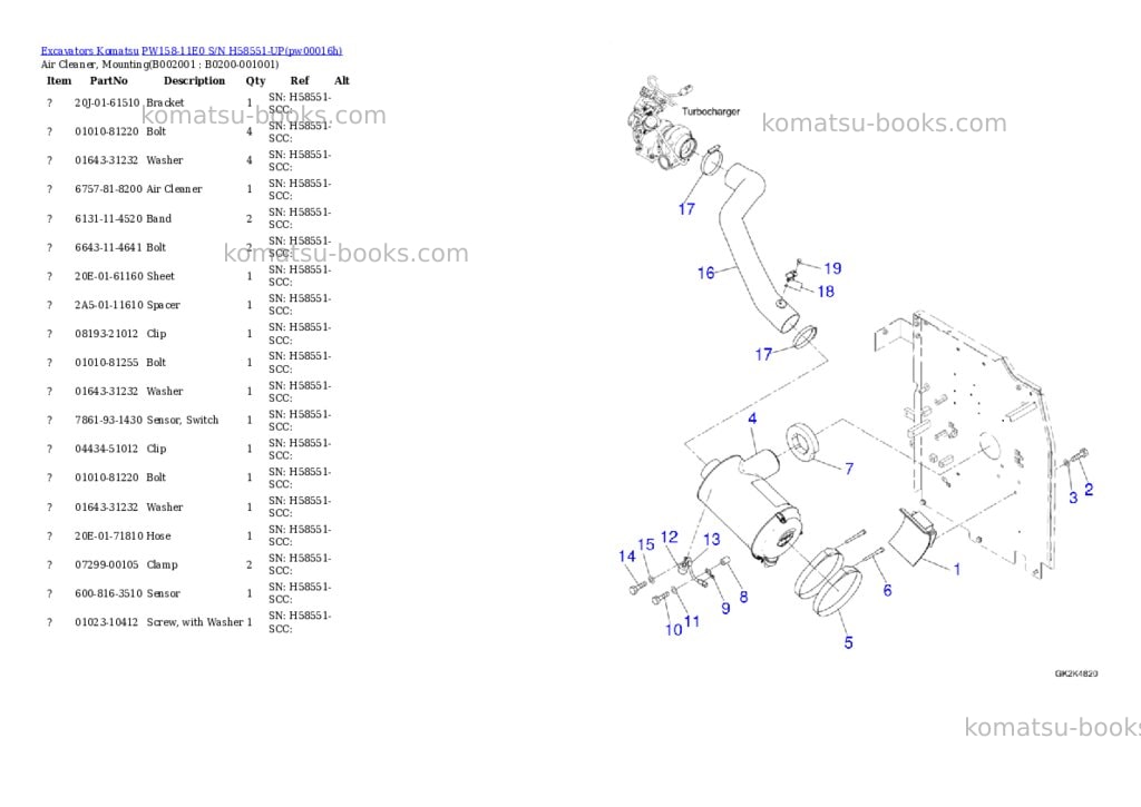 Komatsu PW158-11E0 S/N H58551-UP Parts catalog cover