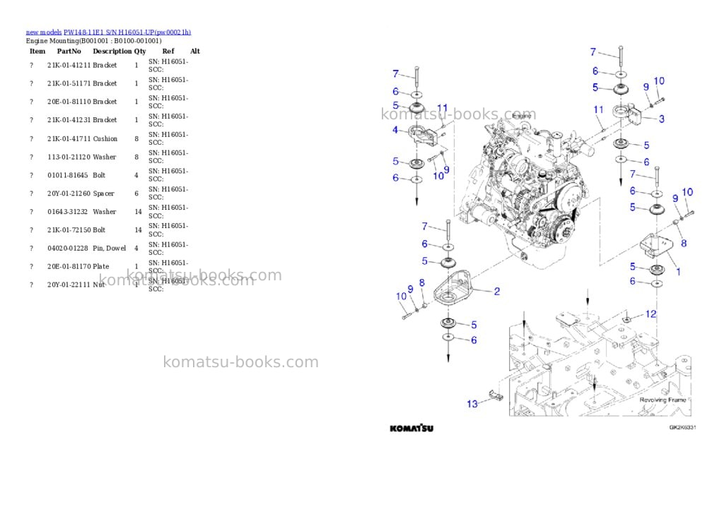 Komatsu PW148-11E1 S/N H16051-UP Parts catalog cover