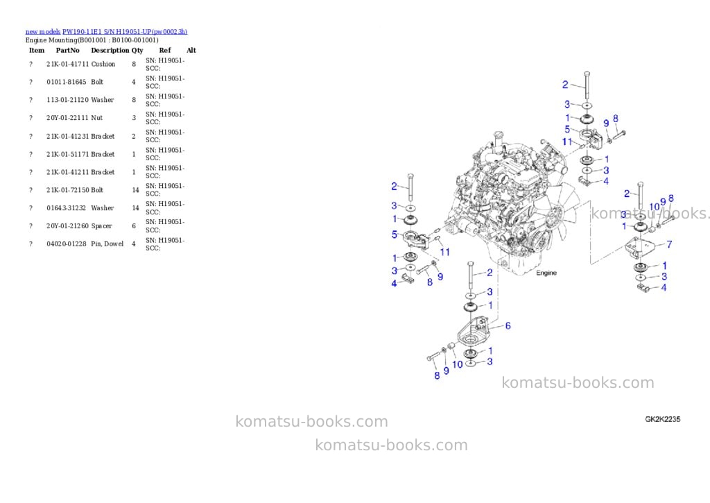 Komatsu PW190-11E1 S/N H19051-UP Parts catalog cover Komatsu PW190-11E1 S/N H19051-UP Parts catalog cover