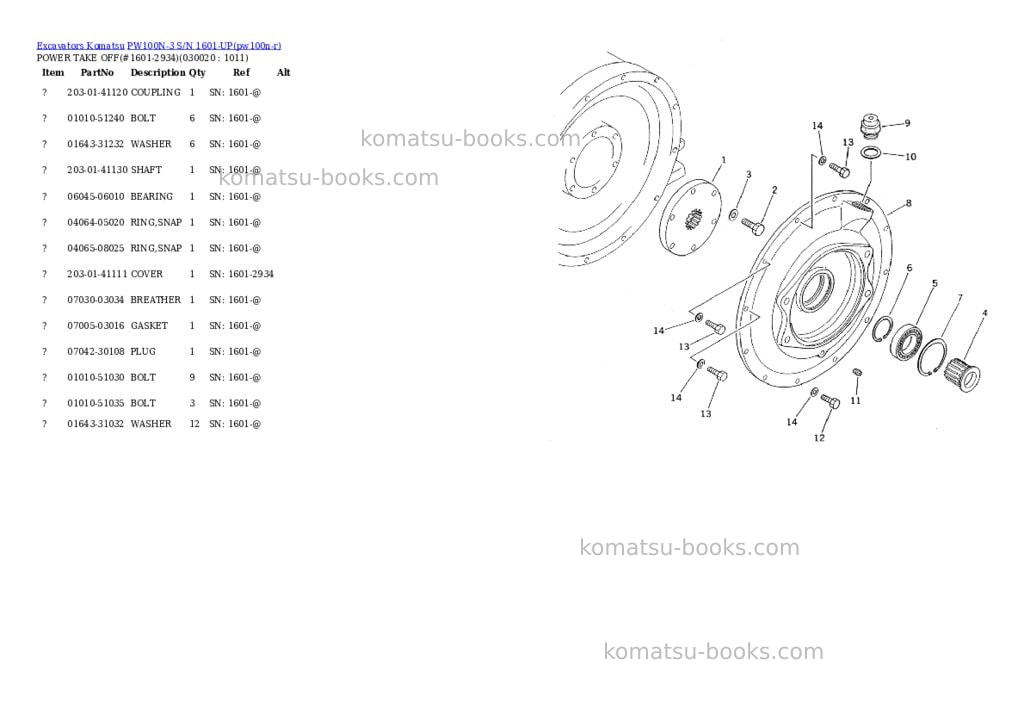 Komatsu pw100n-3 s/n 1601-up Parts catalog cover Komatsu pw100n-3 s/n 1601-up Parts catalog cover