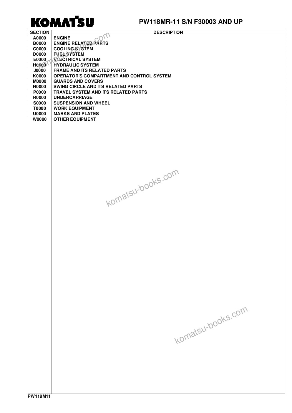 Komatsu pw118mr-11 s/n f30003 and up Catalogue de pièces couverture