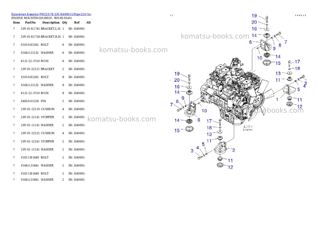 Komatsu PW220-7K S/N K40001-UP Parts catalog cover