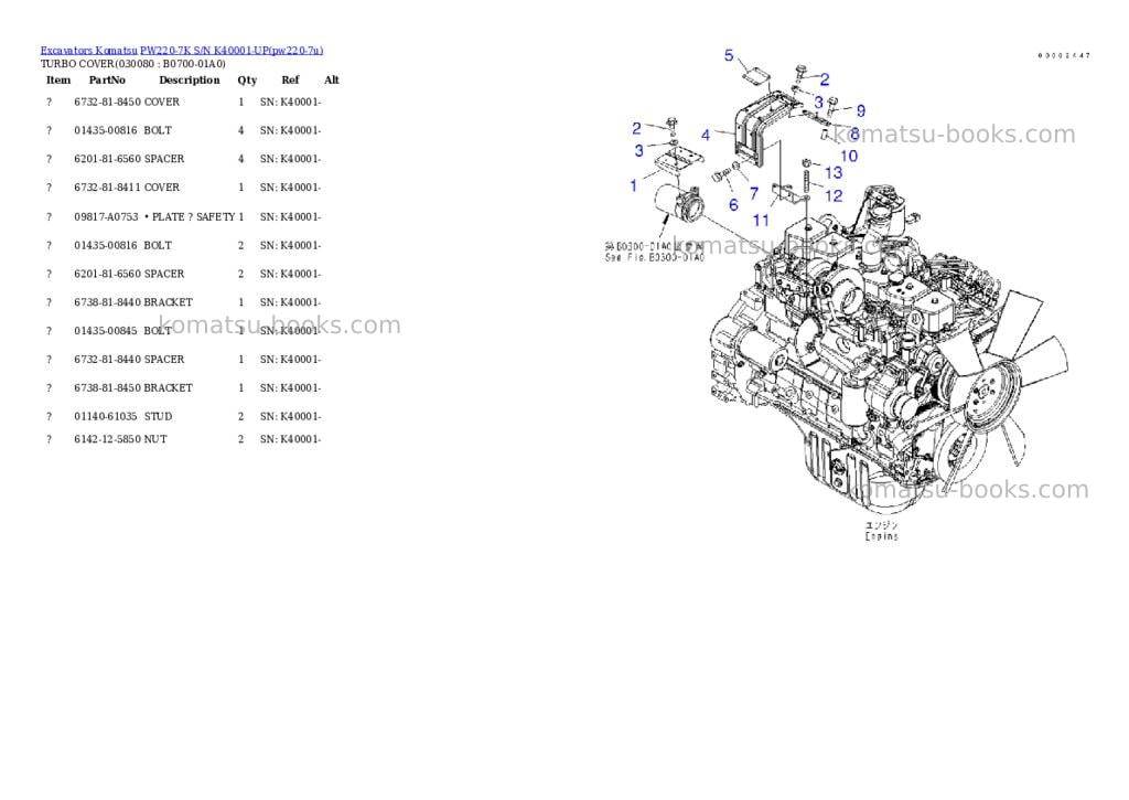 Komatsu PW220-7K S/N K40001-UP Parts catalog cover Page 7