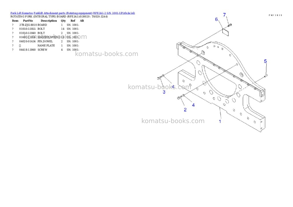 Komatsu RFE3A1-2 S/N 1001-UP Parts catalog cover