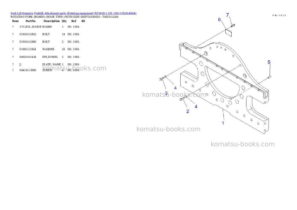 Komatsu rfs409-1 s/n 1001-up Parts catalog cover Komatsu rfs409-1 s/n 1001-up Parts catalog cover