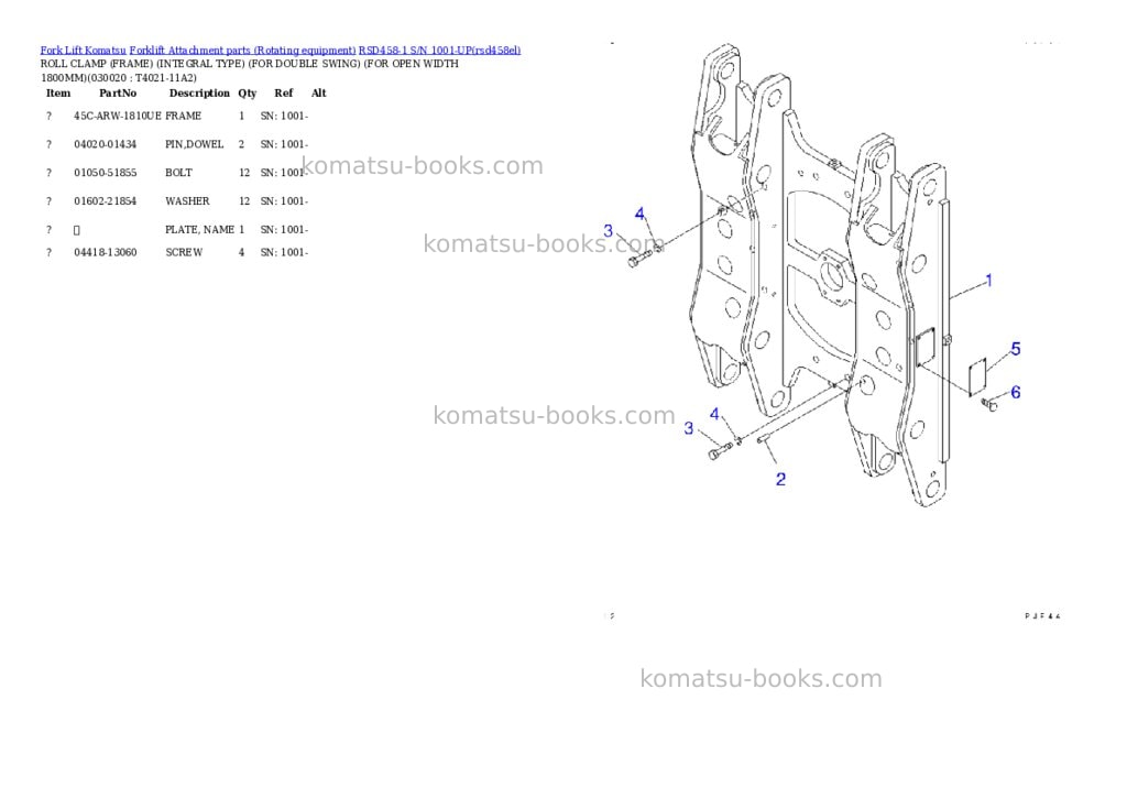 Komatsu rsd458-1 s/n 1001-up Parts catalog cover