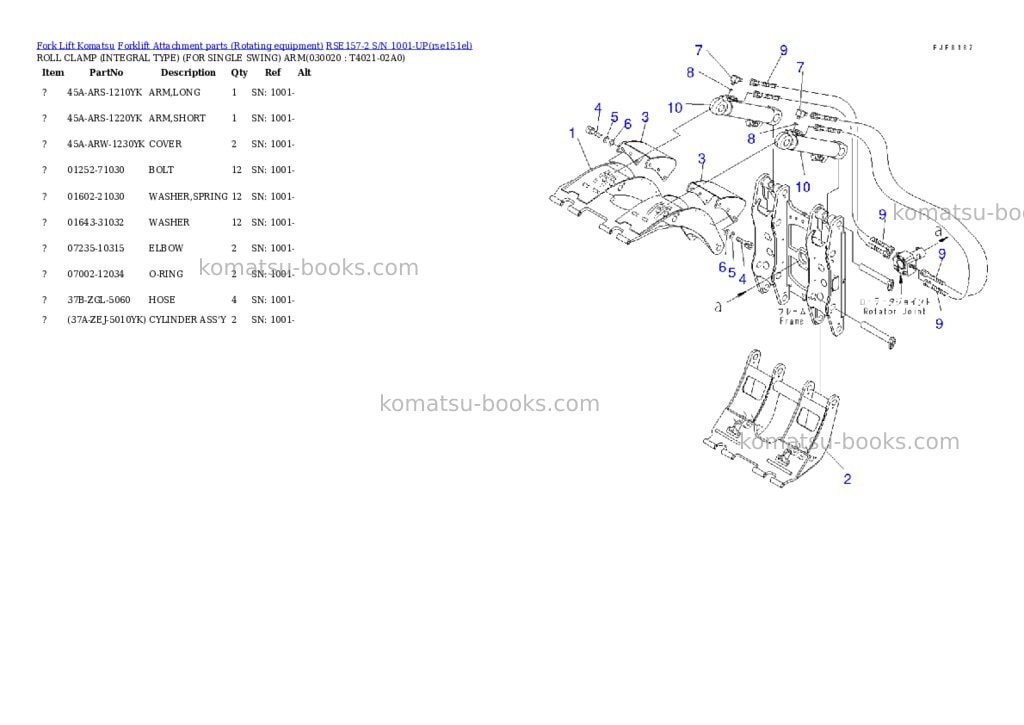 Komatsu rse157-2 s/n 1001-up Parts catalog cover