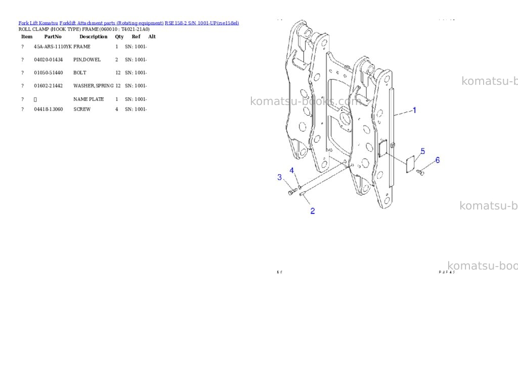Komatsu rse158-2 s/n 1001-up Parts catalog cover