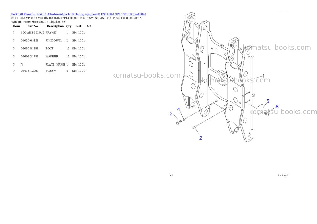 Komatsu rse458-1 s/n 1001-up Parts catalog cover