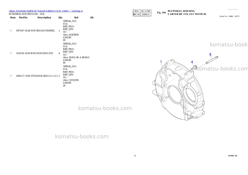 Komatsu SOLAR 030PLUS (S/N. 20001 ~ ) Parts catalog cover Page 2