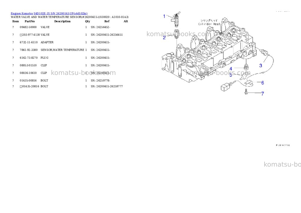 Komatsu S4D102E-1X S/N 26200163-UP Parts catalog cover