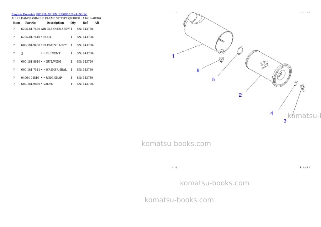 Komatsu S4D95L-1K S/N 135080-UP Parts catalog cover Page 7 Komatsu S4D95L-1K S/N 135080-UP Parts catalog cover Page 7