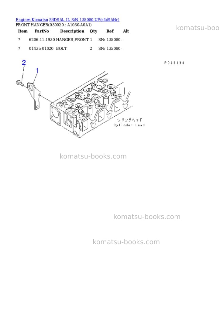 Komatsu S4D95L-1L S/N 135080-UP Parts catalog cover