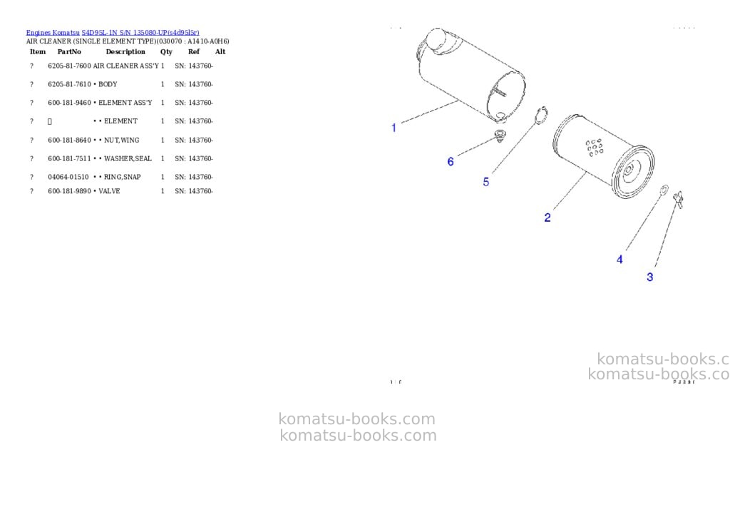 Komatsu s4d95l-1n s/n 135080-up Parts catalog cover Page 6 Komatsu s4d95l-1n s/n 135080-up Parts catalog cover Page 6