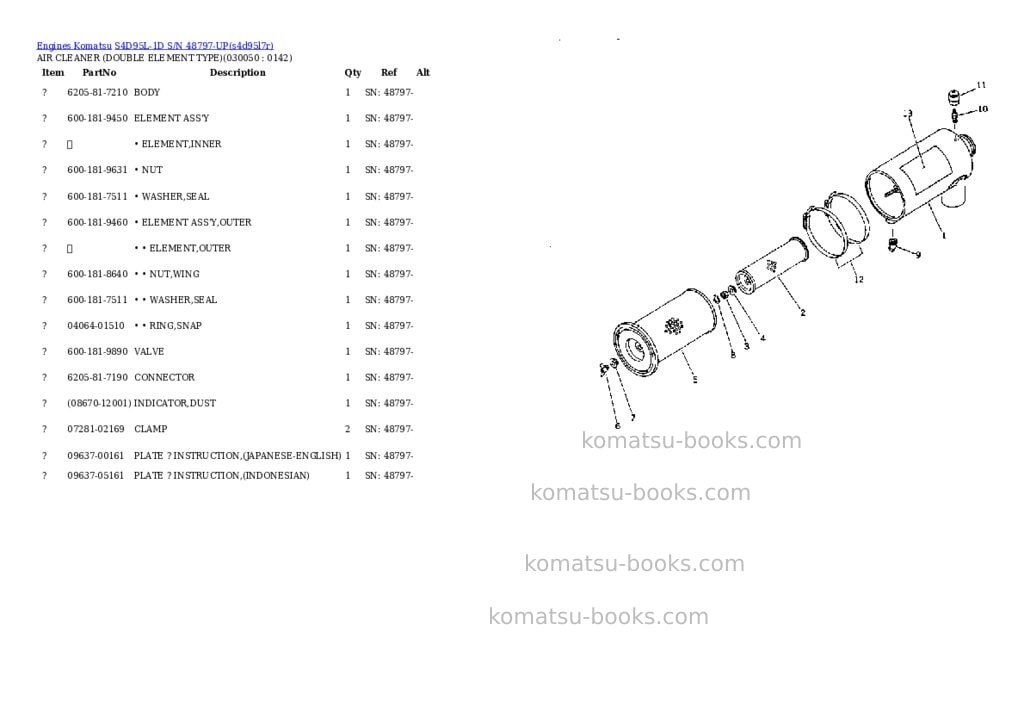 Komatsu s4d95l-1d s/n 48797-up Parts catalog cover