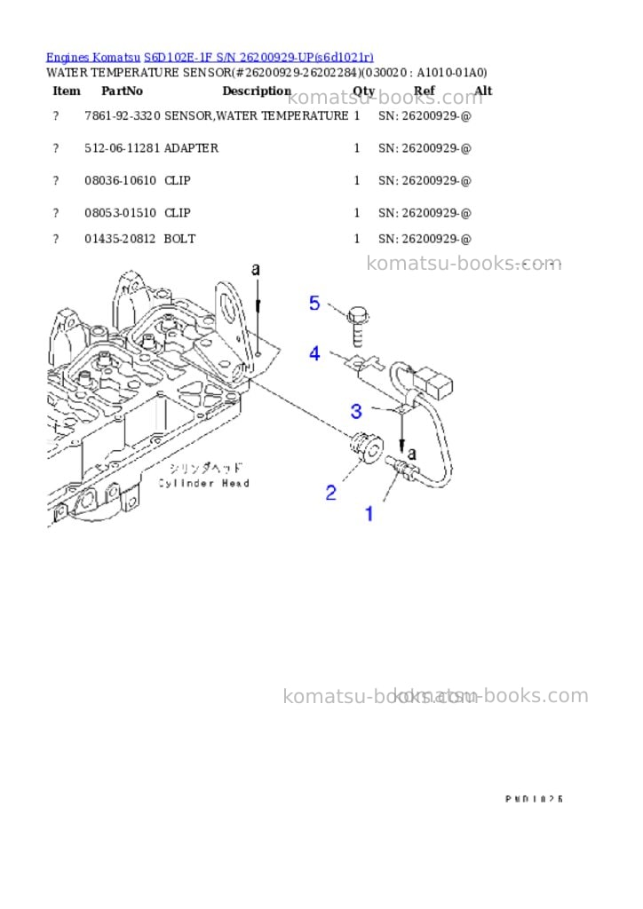 Komatsu S6D102E-1F S/N 26200929-UP Parts catalog cover Komatsu S6D102E-1F S/N 26200929-UP Parts catalog cover
