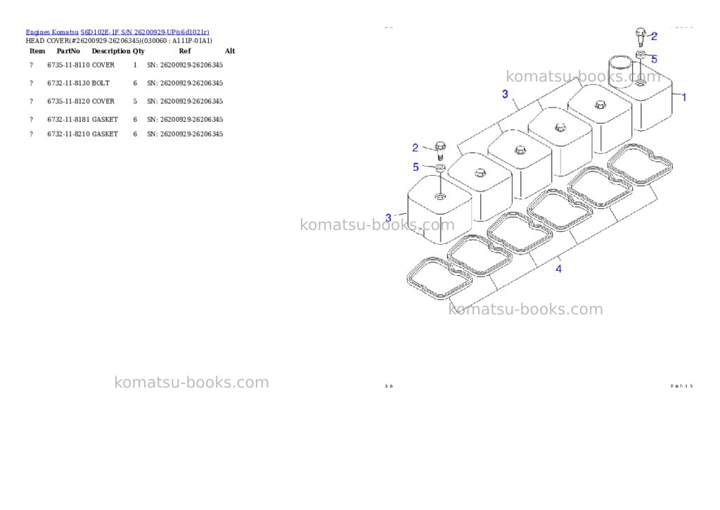 Komatsu S6D102E-1F S/N 26200929-UP Parts catalog cover Page 5 Komatsu S6D102E-1F S/N 26200929-UP Parts catalog cover Page 5