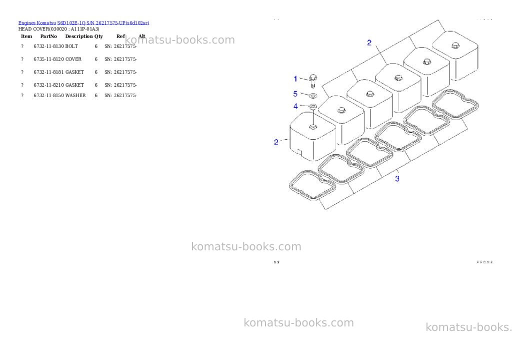 Komatsu s6d102e-1q s/n 26217575-up Parts catalog cover