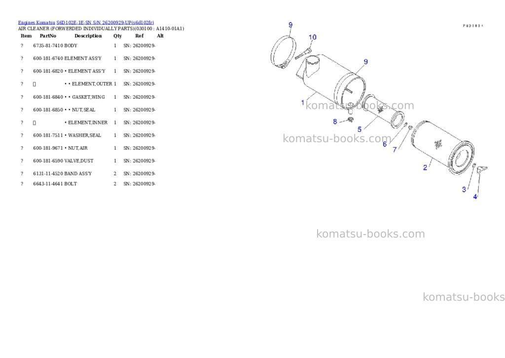 Komatsu s6d102e-1e-sn s/n 26200929-up Parts catalog cover Page 9