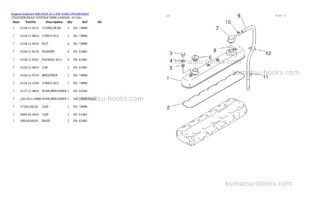 Komatsu s6d105-b-1a-5 s/n 61481-up Parts catalog cover Page 2