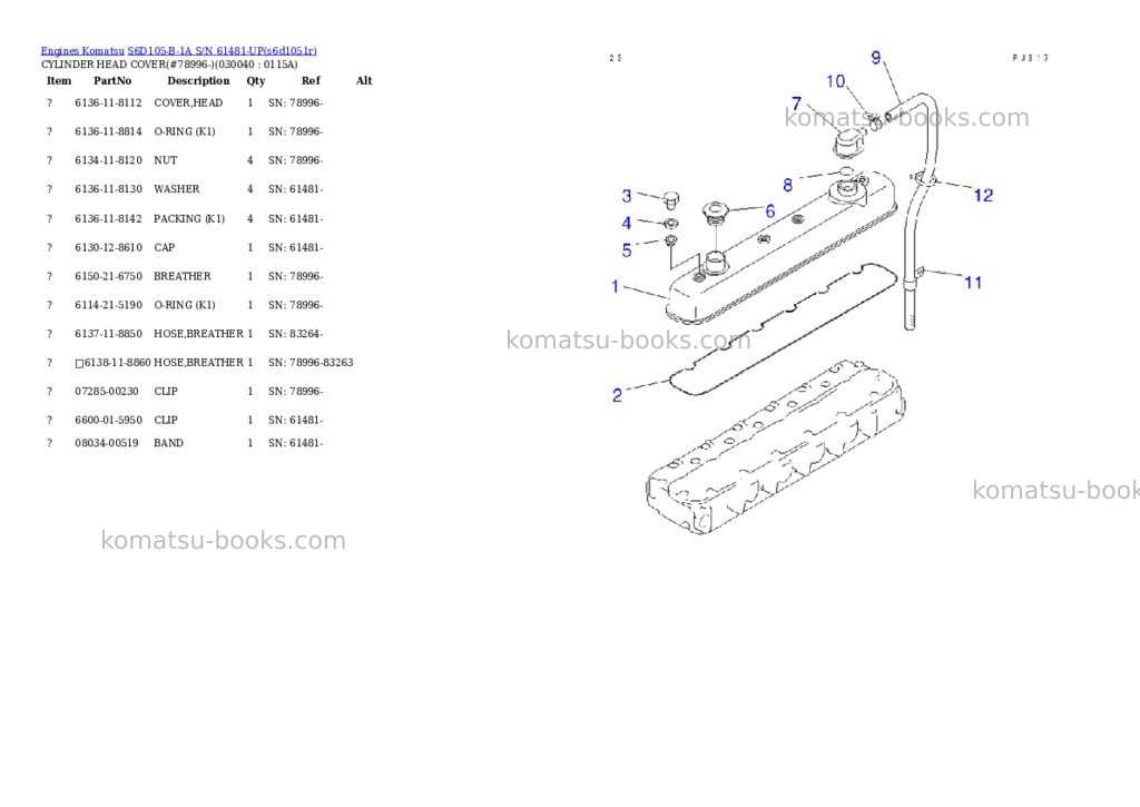 Komatsu S6D105-B-1A S/N 61481-UP Parts catalog cover Page 3 Komatsu S6D105-B-1A S/N 61481-UP Parts catalog cover Page 3