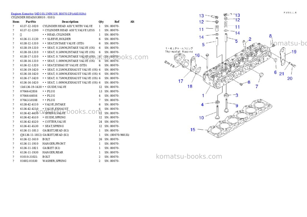 Komatsu s6d105-1mm s/n 80070-up Parts catalog cover