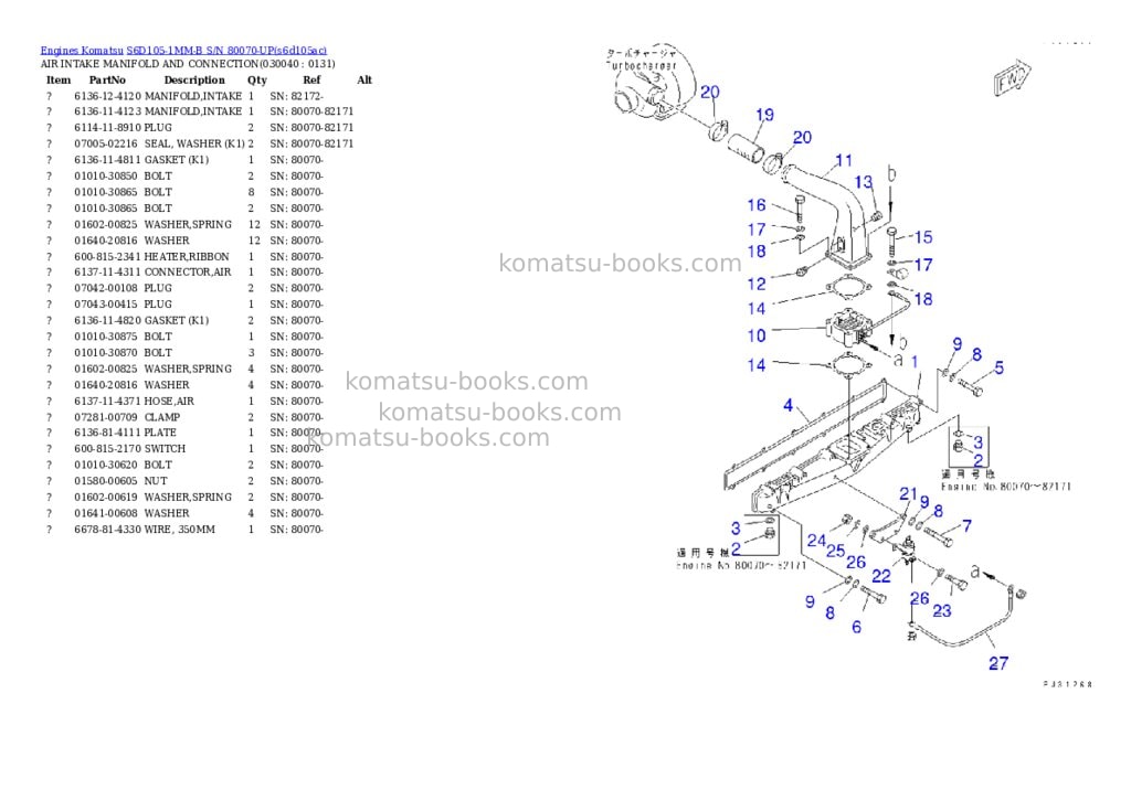 Komatsu S6D105-1MM-B S/N 80070-UP Parts catalog cover Page 3 Komatsu S6D105-1MM-B S/N 80070-UP Parts catalog cover Page 3