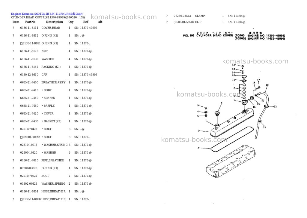 Komatsu s6d105-1b s/n 11370-up Parts catalog cover Page 2 Komatsu s6d105-1b s/n 11370-up Parts catalog cover Page 2
