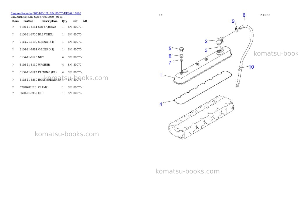Komatsu s6d105-1ll s/n 80070-up Parts catalog cover Page 2 Komatsu s6d105-1ll s/n 80070-up Parts catalog cover Page 2