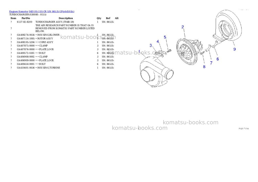 Komatsu s6d105-1ss-cr s/n 86535-up Parts catalog cover Page 7