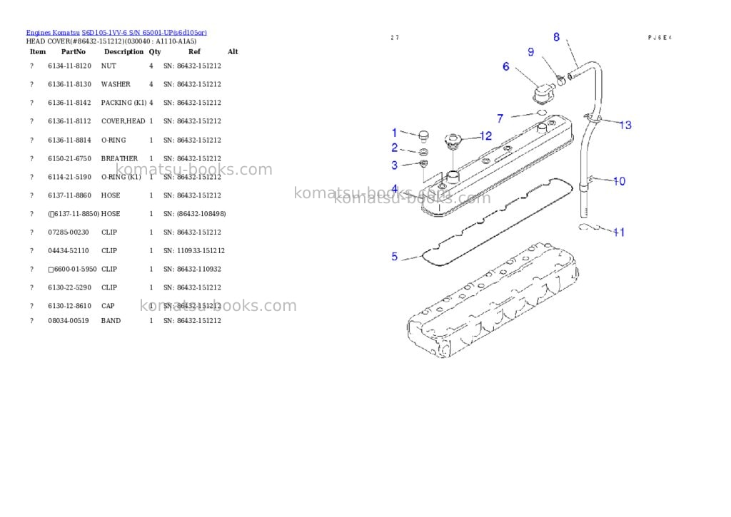 Komatsu S6D105-1VV-6 S/N 65001-UP Parts catalog cover Page 3 Komatsu S6D105-1VV-6 S/N 65001-UP Parts catalog cover Page 3